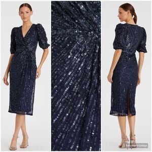 Mac Duggal 5578 Womens Sequined V Neck Short Puff Sleeve Midi Dress